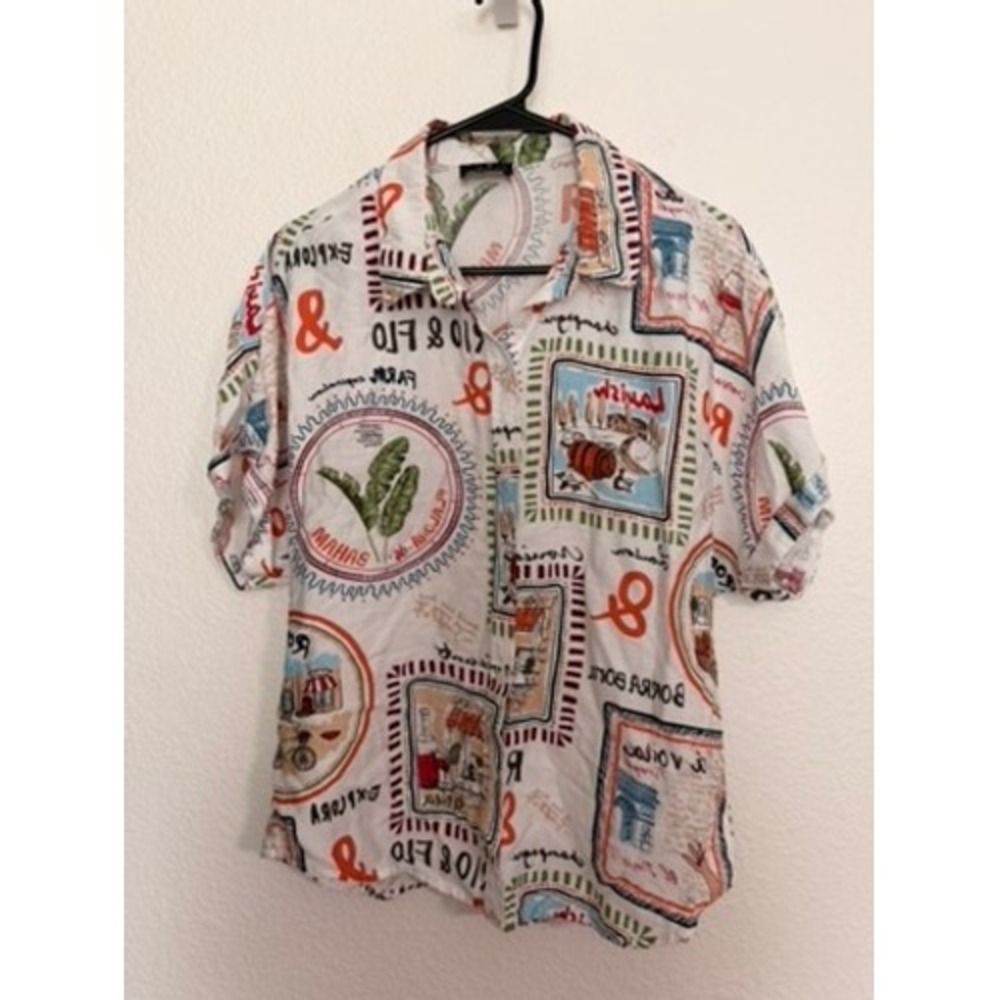 Milk & Honey Travel Postcard Print Button Down Shirt Short Sleeve White Large